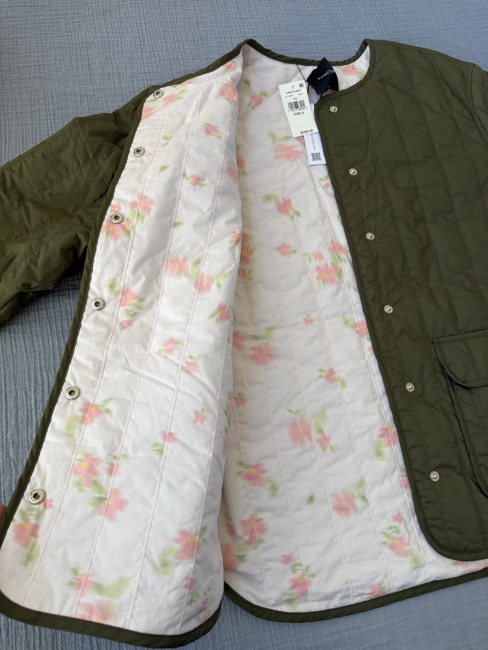 Sanctuary Reversable Crafted Olive Green Quilted Jacket with flower print NWT
